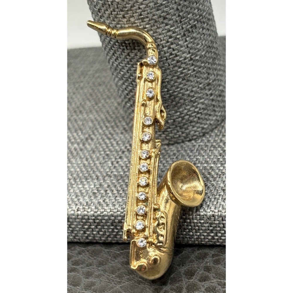 Vintage 1928 Saxophone Rhinestone Music Instrument Gold Tone Brooch Pin